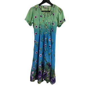 Vintage La Cera Tie Floral Multicolor Button-up Midi Dress Size Medium